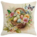 Macro shot of Easter pillowcase with watercolor flower basket and colorful eggs print - Spring Floral Egg Basket (DYM03-11) / 45x45cm (No Insert)