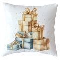 Christmas pillowcase with gold and blue gift boxes print on white square cushion cover - 18x18 Inch / Gold Tone Stacked Gift Box (CRD514-10)