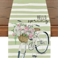 Detailed view of Hello Spring table runner with bicycle and flower print on wood table - 33*183cm / Hello Spring Bicycle (ZQT02-9)