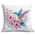 Detailed hummingbird and pink floral print on a square white decorative pillowcase - 45x45cm Single Side No Core / Artistic Hummingbird Style 9 (CDR13-9)