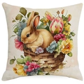 Easter pillow cover featuring watercolor bunny in flower basket on linen fabric - Woven Basket Rabbit Illustration (DYM03-7) / 45x45cm (No Insert)