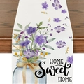 Detail of floral table runner with Home Sweet Home print on rustic wooden table - 33*183cm / Home Sweet Home Purple Floral Vase (ZQT02-10)