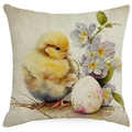 Detail of Easter pillow cover showing watercolor chick, egg, and floral linen texture - Yellow Chick and Easter Egg (DYM03-17) / 45x45cm (No Insert)