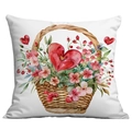 Witte vierkante kussensloop met aquarel bloemenmand en rode harten voor decoratie - Hart Bloemenmand Stijl (CDR18(5)-4)