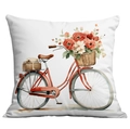 Witte kussensloop met vintage rode fiets en bloemenpatroon in aquarel stijl - Rode Fiets Stijl (CDR18(5)-3)