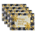 Set of 4 elegant black and gold plaid placemats with Happy New Year 2025 greeting - Regular Linen / Black Gray Grid Elegant Style (TCD01-5)