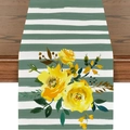 Chemin de table printanier à rayures vertes et blanches avec fleurs jaunes - 33*183cm / Fleurs Jaunes Rayures Vertes (ZQT02-3)