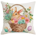 Easter watercolor cushion cover featuring a bunny basket and colorful eggs on linen fabric - 18x18 Inch / Bunny and Eggs in Basket Style (DYM11-17)