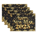 Elegant black and gold 2025 Happy New Year table placemats set of 4 with snowflake patterns - Regular Linen / Black Gold Starry Snowflake Style (TCD01-6)