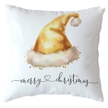White Christmas pillowcase with golden Santa hat illustration and Merry Christmas text - 18x18 Inch / Handwritten Holiday Greetings (CRD514-15)