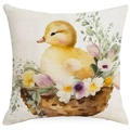 Easter pillow cover with watercolor duckling in a floral basket on cotton linen base - 18x18 Inch / Yellow Duckling in Basket Style (DYM11-9)