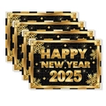 4-piece luxury black and gold 2025 Happy New Year placemat set with metallic snowflake patterns - Regular Linen / Black Gold Mesh Fireworks Style (TCD01-7)