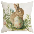 Detailed macro view showing Easter bunny pattern on the beige cotton linen pillow case - 18x18 Inch / Brown Bunny in Grass Style (DYM11-11)