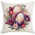 Close-up of Easter pillowcase showing watercolor floral eggs on linen fabric texture - Tulips and Eggs (DYM12-13)