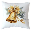 White Christmas pillow cover with Jingle All The Way bell and golden ribbon design - 18x18 Inch / Bell Bow Decorative Text (CRD514-16)