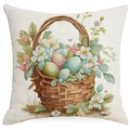 Detail view of Easter pillow case with watercolor eggs and floral basket on linen fabric - 18x18 Inch / Vintage Floral Egg Basket Style (DYM11-15)