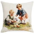 Close-up of linen fabric texture on Easter pillowcase featuring a vintage watercolor child print - Vintage Egg Hunting Children (DYM12-22)