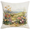Macro view of linen texture and Easter watercolor landscape print on square cushion cover - Vintage Mountain Scenery (DYM12-26)