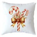 Square Christmas pillowcase with watercolor candy canes and golden bow on white background - 18x18 Inch / Candy Cane Bow Pine Branch (CRD514-19)