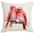 Detailopname van de linnen textuur en kleurrijke vogelprint op de kussensloop - Twee Kardinaal Vogels Op Takken Stijl (DYM05-2) / 45*45cm (Geen Binnenkussen)