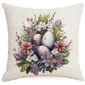 Easter cushion cover with watercolor eggs and purple daisies on linen fabric - Three Purple and White Eggs (DYM12-19)