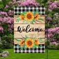 Garden welcome flag with sunflower and buffalo plaid accents on a wooden texture background - Sunflower Welcome Style (HYQ72-10)