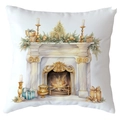 Square white pillowcase with festive watercolor Christmas fireplace and golden motifs - 18x18 Inch / Vintage Fireplace Watercolor (CRD514-22)