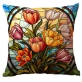 Funda de cojín cuadrada con estampado de tulipanes estilo vidriera de colores - Estilo Tulipan (TQDR79-1)