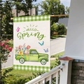 Linen garden flag featuring a green spring flower truck with Hello Spring text - Spring Pickup Truck Style (HYQ72-7)