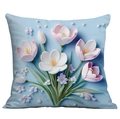 Funda de cojín azul claro con flores en relieve 3D y motivos de azafrán rosa - Estilo de Crocus Único (CDR15-2)