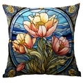 Funda de cojín floral vintage con estampado de vitrales de colores en naranja y azul - Estilo Tulipan (TQDR79-3)