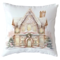 White Christmas pillow case featuring watercolor gingerbread house and festive snow scene - 18x18 Inch / Gingerbread House Snow Scene (CRD514-25)