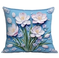 Funda de cojín con flores 3D en azul claro con flores blancas y hojas verdes - Flor Blanca con Bordes Rosas (CDR15-3)