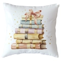 Christmas square cushion cover with watercolor stack of books and pink ribbon bow design - 18x18 Inch / Colorful Books Bow (CRD514-26)