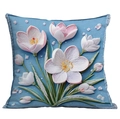 Blue decorative square pillowcase featuring 3D embossed floral patterns with green vines - Pink White Gradient Petals (CDR15-5)