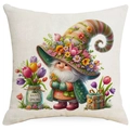 Floral gnome cushion cover with Happy Spring tulips on cream linen fabric - Happy Spring Tulips and Gnome (DYM01-6)