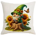 Linen pillow cover with cute garden gnome and sunflower print for home decor - Sunflower Gnome Sitting on Stump (DYM01-7)