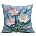 Blue decorative square pillow case with 3D embossed pink flowers and pleated edges - Pleated Edge 3D Flower (CDR15-9)