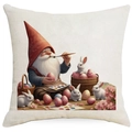 Spring gnome pillow cover with bunny and Easter egg illustration on white linen - Gnome Painting Easter Eggs (DYM01-13)