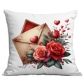 Valentinstag Kissenhülle mit Vintage-Briefen, roten Herzen und blühenden Rosen - Umschlag Herz und Rosen Stil (CDR18-4)