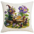 Floral garden gnome pillow cover with artistic spring flower print on linen fabric - Gnomes Having Tea on Tree Stump (DYM01-15)