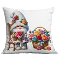 Detailed view of garden gnome cushion cover with rose basket and knitted hat print - Garden Gnome Holding Roses (CDR19-21) / 45x45CM No Pillow Core