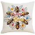 Detail view of cotton linen pillow cover with Save the Bees slogan and bee floral print - Save the Bees Style (DYM06-11)