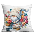 Detail of garden gnome with roses and scooter printed on a white decorative pillowcase - Cute Gnome on Scooter (CDR19-14) / 45x45CM No Pillow Core