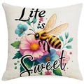 Close-up of linen pillowcase with Life is Sweet quote and colorful bee flower print - Life is Sweet Style (DYM06-7)