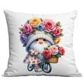 Detail of garden gnome illustration on white pillowcase featuring floral bicycle print - Gnome on Bicycle (CDR19-12) / 45x45CM No Pillow Core