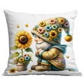 Detail of sunflower gnome cushion cover featuring a colorful elf and floral art print - 45x45cm / Gnome Squatting Gardening Style (CDR21-17)