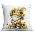 Detail of sunflower gnome cushion cover with bird and floral illustration on white fabric - 45x45cm / Gnome Fishing Style (CDR21-16)
