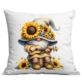 Detail showing high-definition digital print of a sunflower gnome on white pillow case - 45x45cm / Gnome Playing Instrument Sitting Style (CDR21-14)