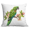 Close-up of spring bird and flower print on white square decorative throw pillow cover - Green Parrot and Pink Flowers (CDR22-23) / 45x45cm